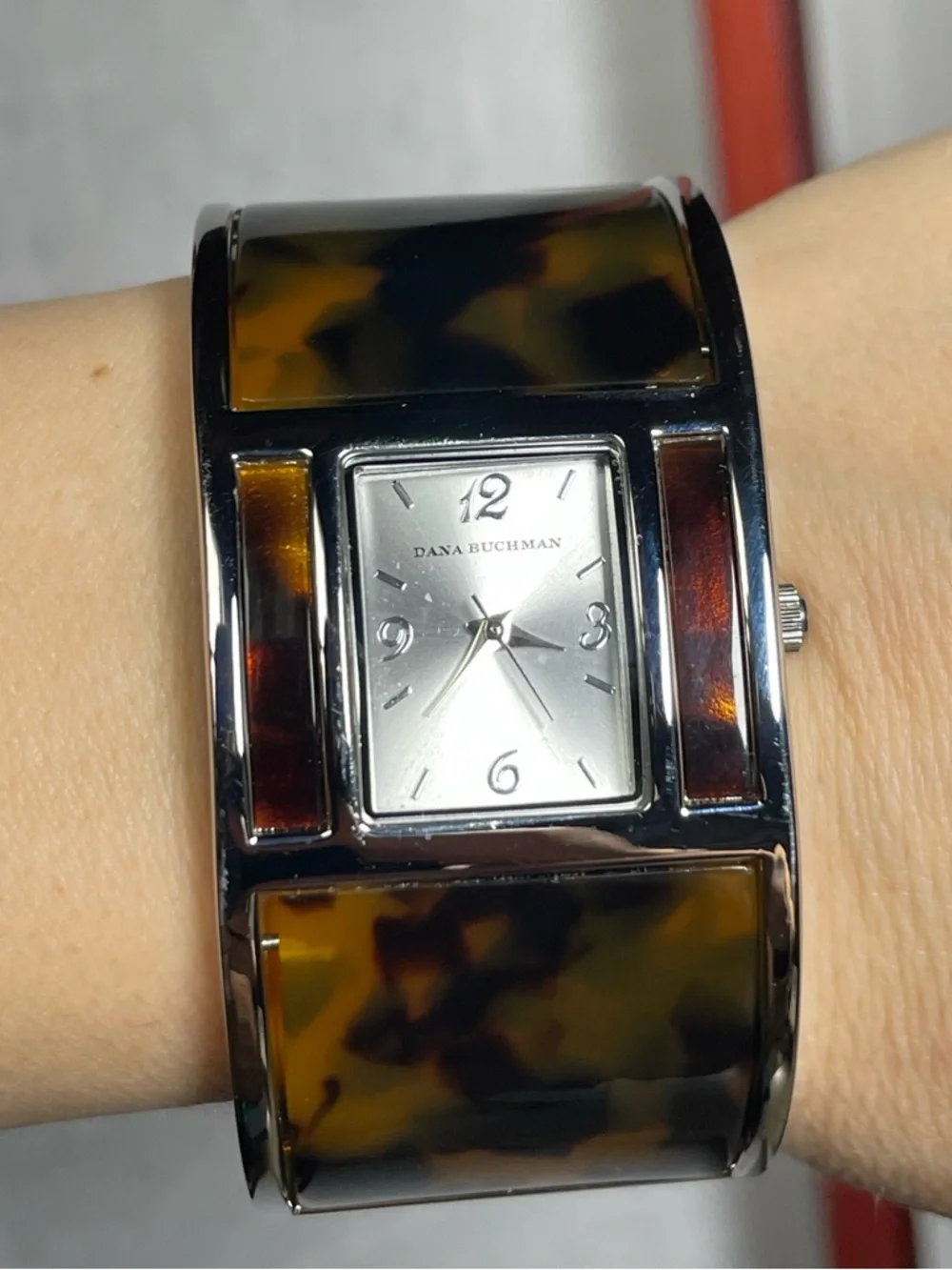 Dana Buchman Brown & Amber Animal Print Cuff Watch - Silver Accents - Adjustable